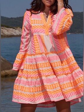 Devotion Twins Pink & Orange Tiered Cotton Jacquard Tunic Dress, XS